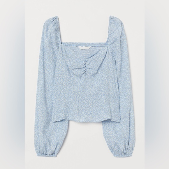 H&M • Blue Puff Sleeve Ruched Blouse - Picture 1 of 9